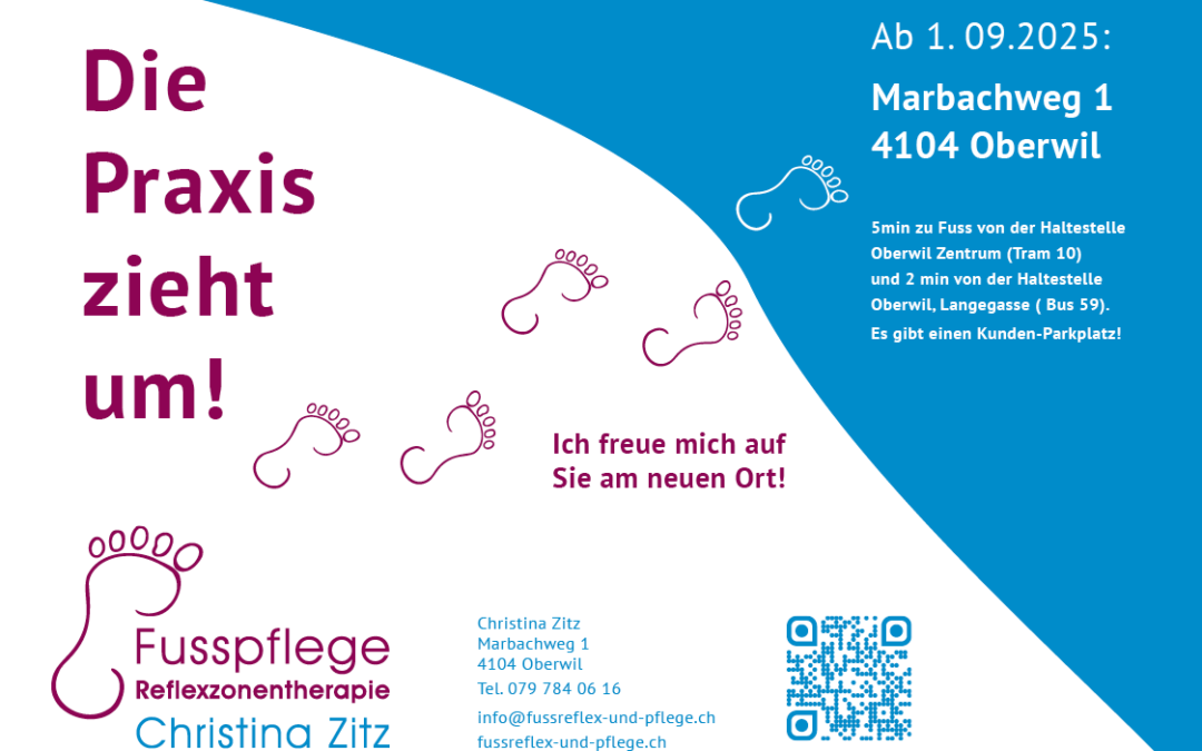 Die Praxis zieht um. Ab 1. September 2025 ist die Fusspflege und Fussreflex-Therapie Praxis von Christine Zitz am Marbachweg 1 in 4104 Oberwil geöffnet.